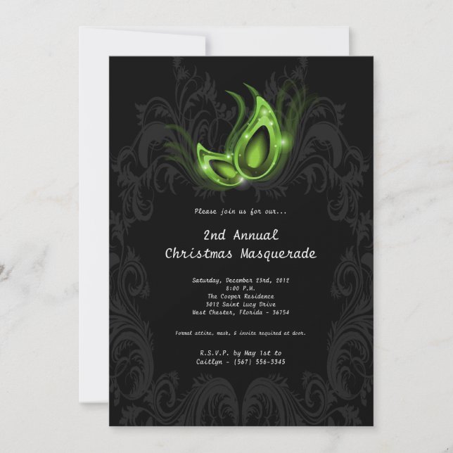 5x7 Green Masquerade Christmas XMAS Invitation (Front)