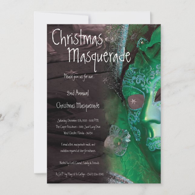 5x7 Green Masquerade Christmas XMAS Invitation (Front)