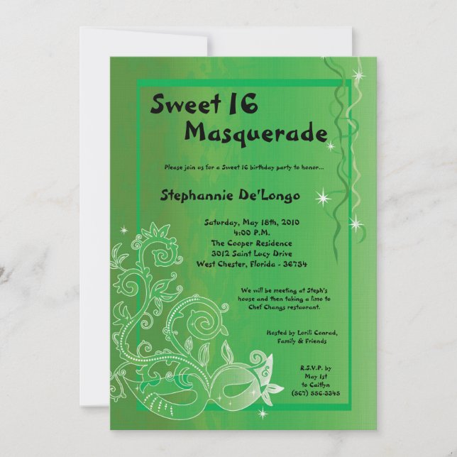 5x7 Green Masquerade Sweet 16 Birthday Invitation (Front)
