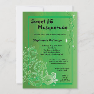 5x7 Green Masquerade Sweet 16 Birthday Invitation