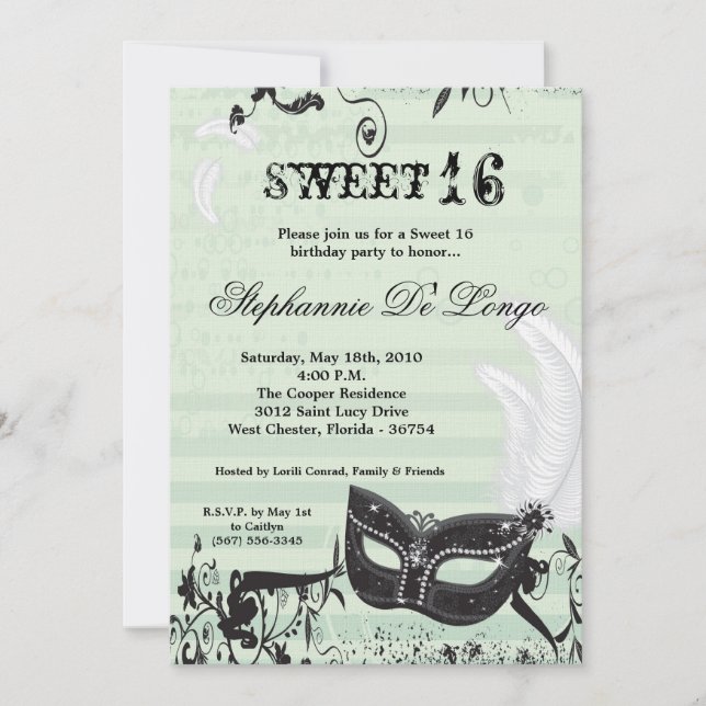 5x7 Green Masquerade Sweet 16 Birthday Invitation (Front)