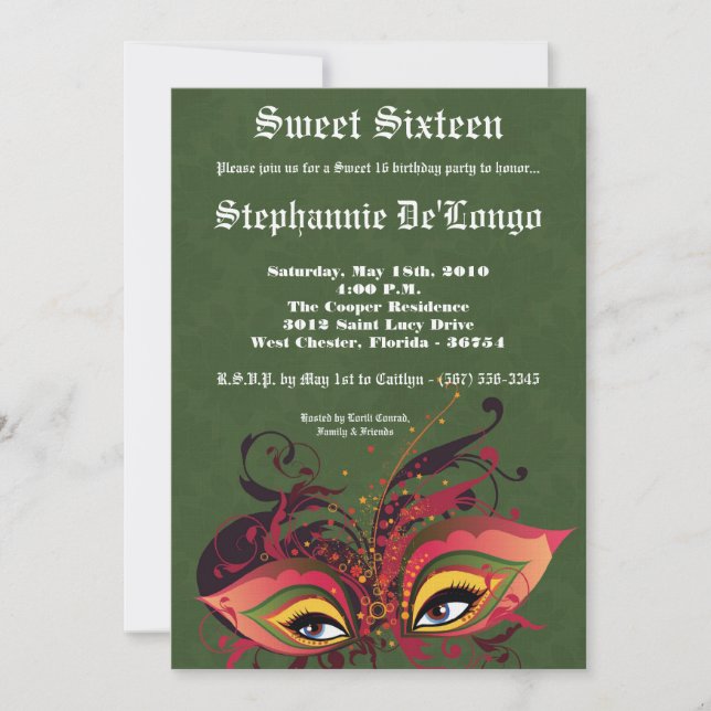 5x7 Green Masquerade Sweet 16 Birthday Invitation (Front)