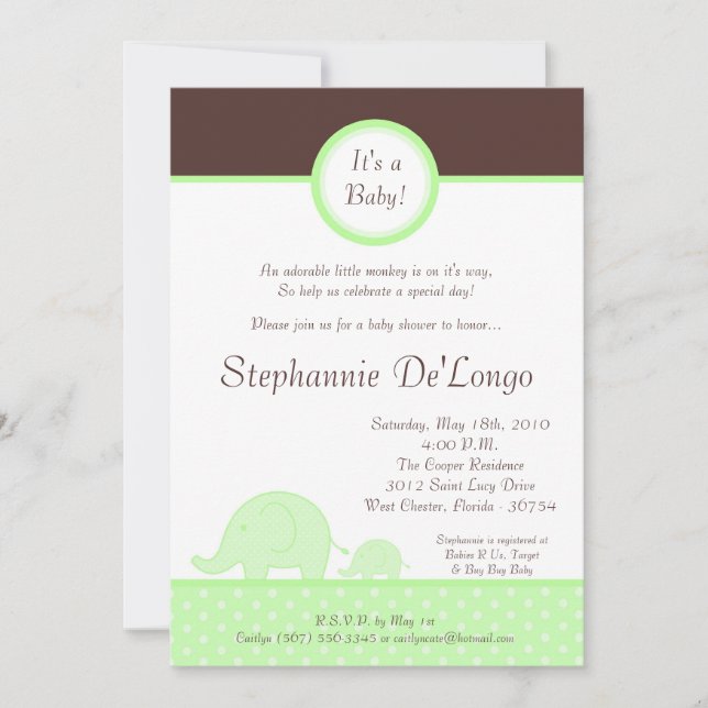 5x7 Green Neut Mod Elephant Baby shower Invitation (Devant)