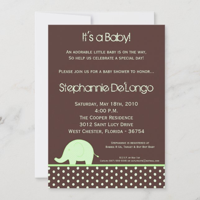 5x7 Green Neut Mod Elephant Baby shower Invitation (Devant)