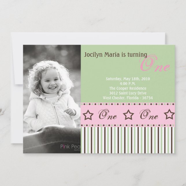5x7 Green STAR Photo Invitation de fête d'annivers (Devant)