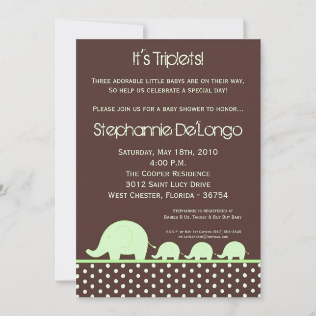 5x7 Green Triplets Elephant Baby Shower Invitation (Front)