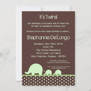 5x7 Green Twin Mod Elephant Baby Shower Invitation