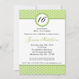 5x7 Green White Polka Dot 16th Birthday Invitation