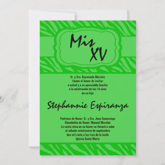 5x7 Green Zebra Imprimer Quinceanera 15 Invitation