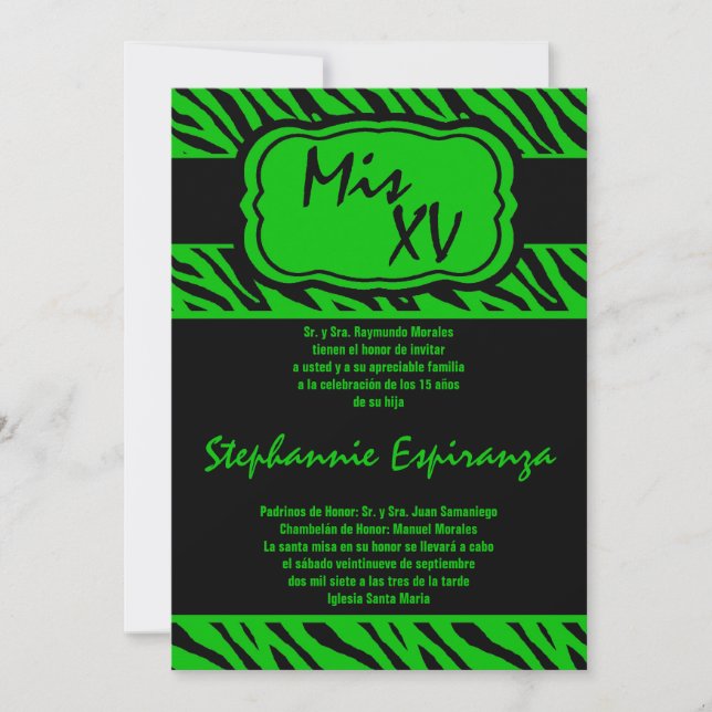 5x7 Green Zebra Print Quinceanera 15 Invitation (Front)