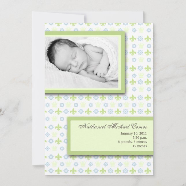 5x7 GreenBlue Fleur De Li Faire-part de naissance  (Devant)