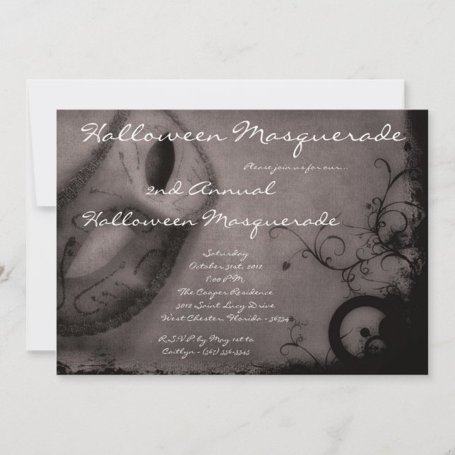 5x7 Grey Masquerade Halloween Costume Invitation (Front)