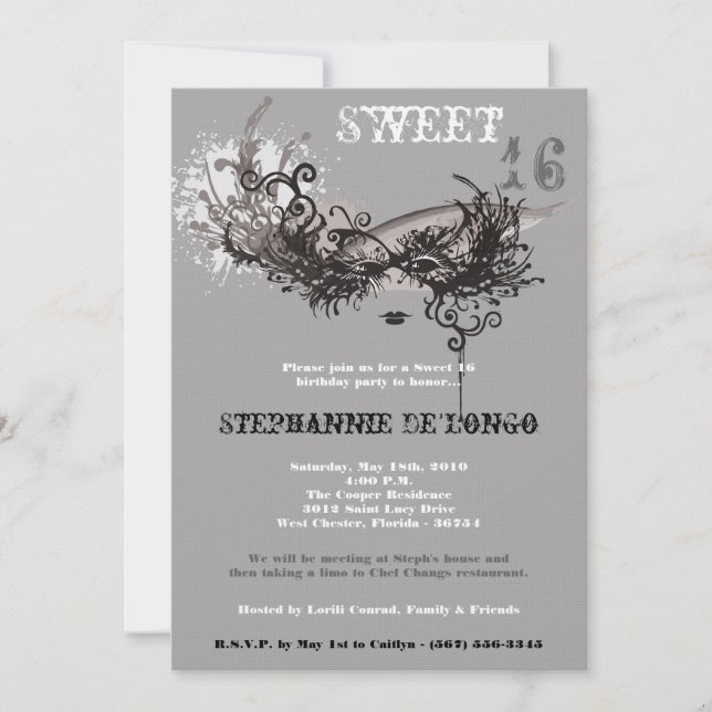 5x7 Grey Masquerade Sweet 16 Birthday Invitation (Front)