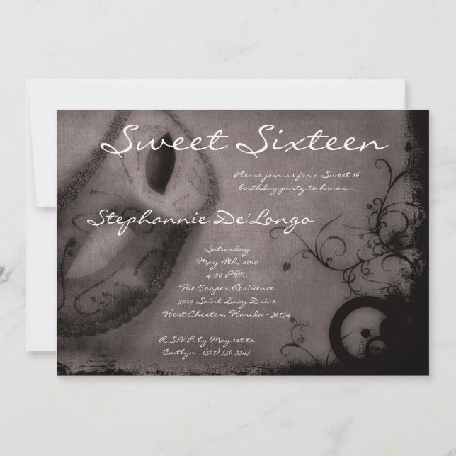 5x7 Grey Masquerade Sweet 16 Birthday Invitation (Front)