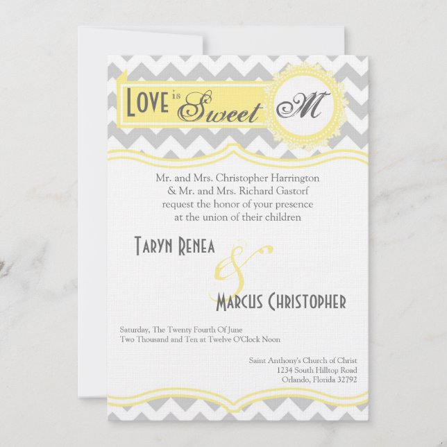 5x7 Gris Jaune Chevron Faire-part de mariage (Devant)
