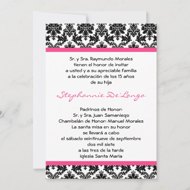 5x7 Hot Pink Blac Damask Quinceanera Invitation (Front)