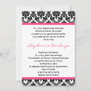 5x7 Hot Pink Blac Damask Quinceanera Invitation