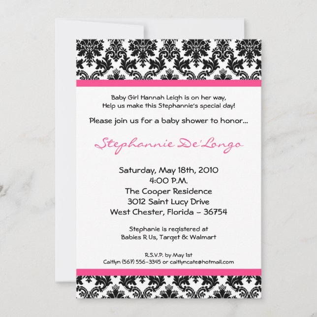 5x7 Hot Pink Black Damask Baby Shower Invitation (Front)