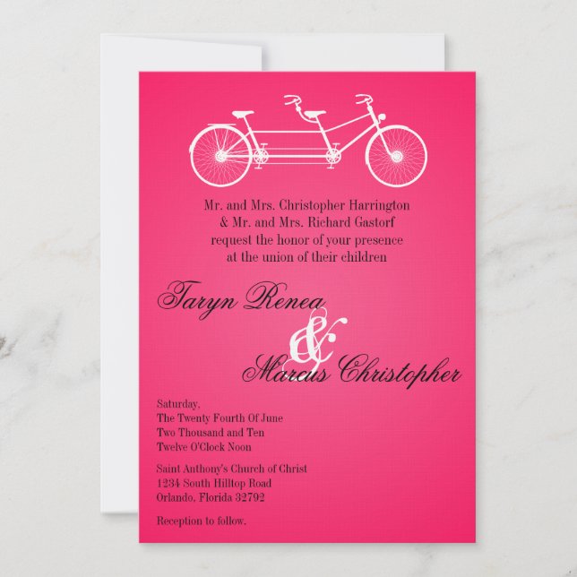 5x7 Hot Pink Black Double Bike Wedding Invitation (Front)