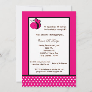 5x7 Hot Pink Bumble Bee Birthday Party Invite