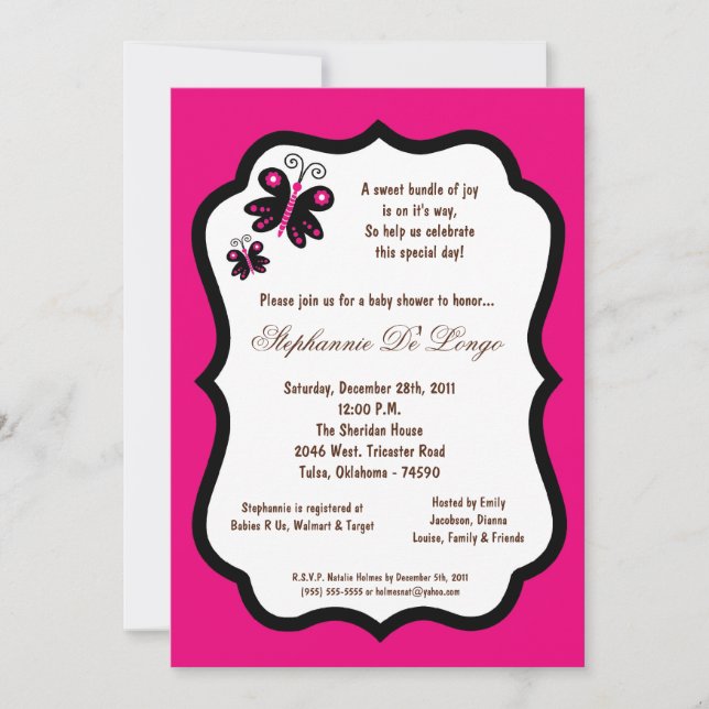 5x7 Hot Pink Butterfly Baby Shower Invitation (Front)