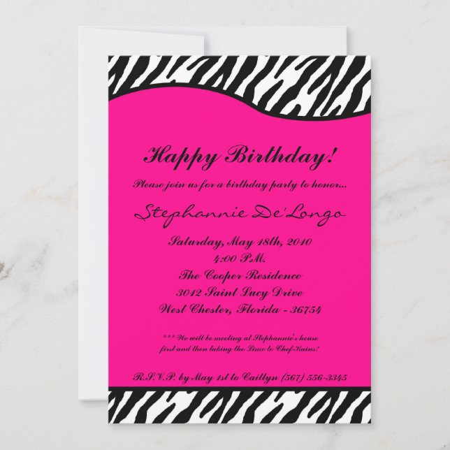 5x7 Hot Pink Zebra Birthday Party Invitation (Front)