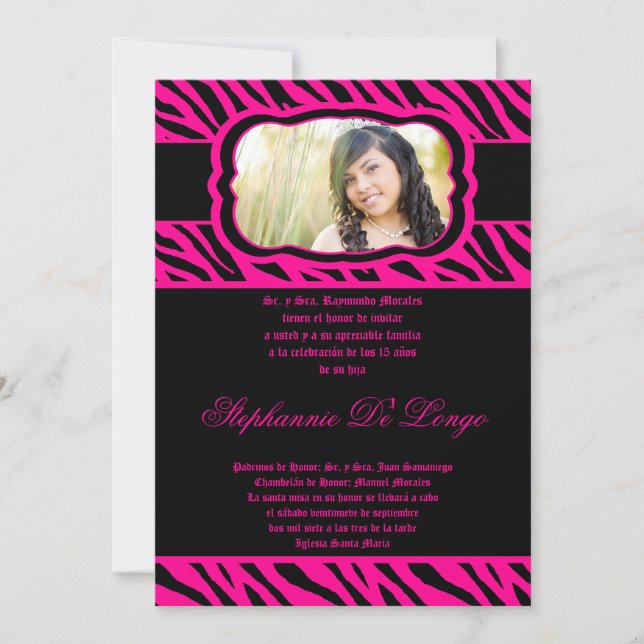 5x7 Hot Pink Zebra Print Quinceanera Invitation (Front)