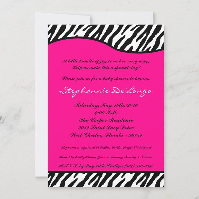 5x7 Hot rose Zebra Imprimer Baby shower Invitation (Devant)