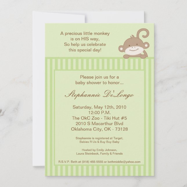5x7 Invitation au Baby shower de singe vert neutre (Devant)