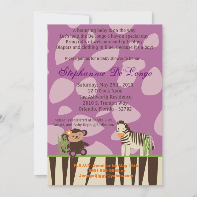 5x7 Invitation Baby shower animal pourpre (Devant)