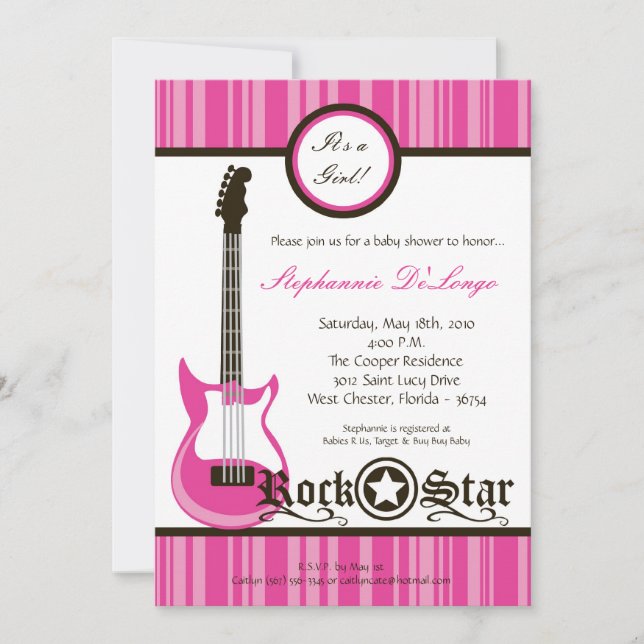 5x7 Invitation Baby shower Guitare Roche Rose Girl (Devant)
