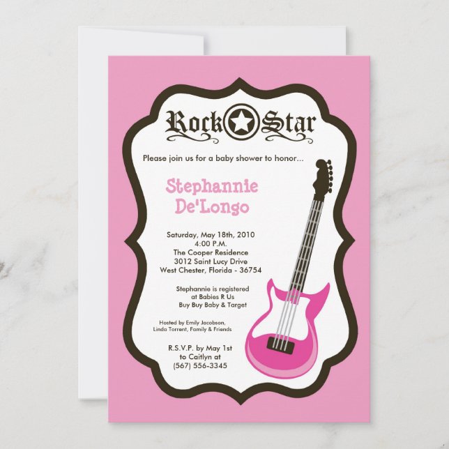 5x7 Invitation Baby shower Guitare Roche Rose Girl (Devant)