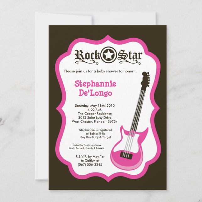 5x7 Invitation Baby shower Guitare Roche Rose Girl (Devant)