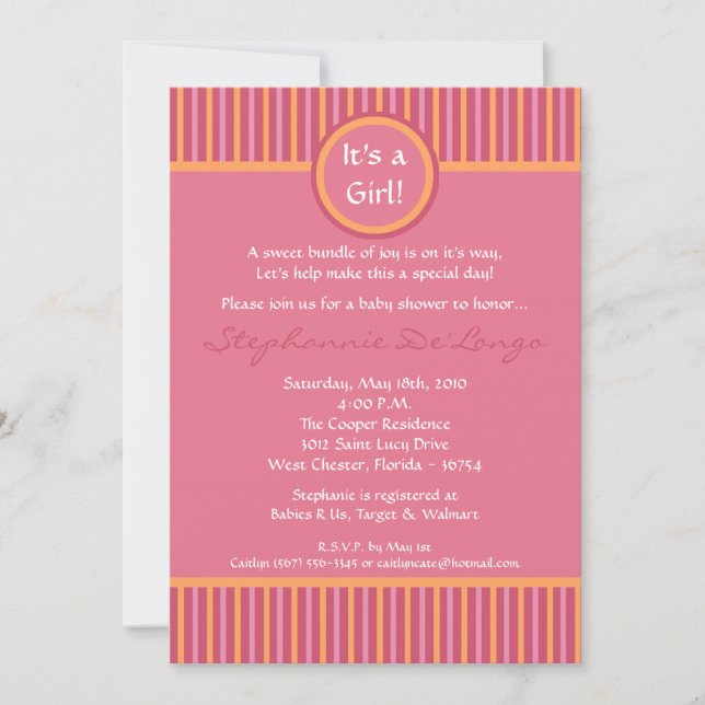 5x7 Invitation Baby shower rayé rose et orange (Devant)