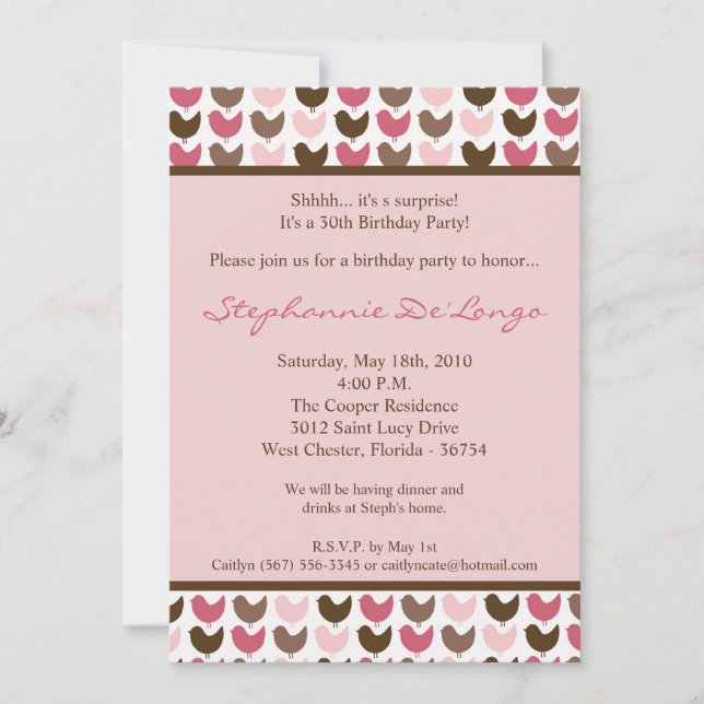 5x7 Invitation d'anniversaire d'oiseaux rose et Br (Devant)