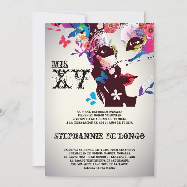 5x7 Invitation d'anniversaire Masquerade Quinceane (Devant)