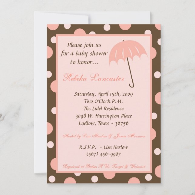 5x7 Invite - Pink Umbrella Baby Shower Invitation (Front)