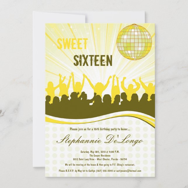 5x7 Jaune Dance Party 16e Invitation anniversaire (Devant)