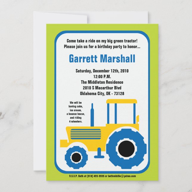 5x7 Jaune Tracteur agricole bleu Invitation d'anni (Devant)