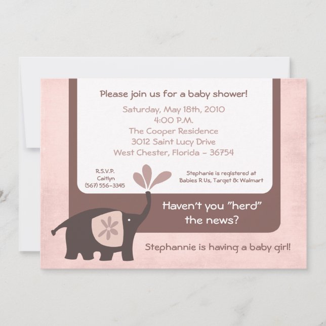 5x7 Jote Purple Elephant Baby shower Invitation (Devant)