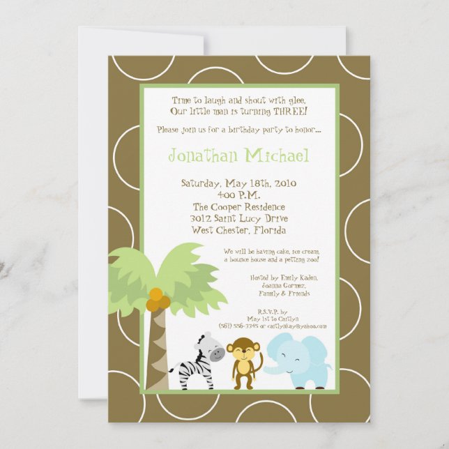 5x7 Jungle Safari Animal Birthday Party Invitation (Front)