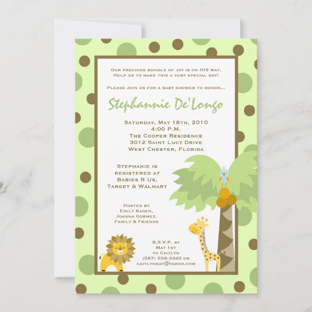 5x7 Jungle Safari Invitation Baby shower animal (Devant)