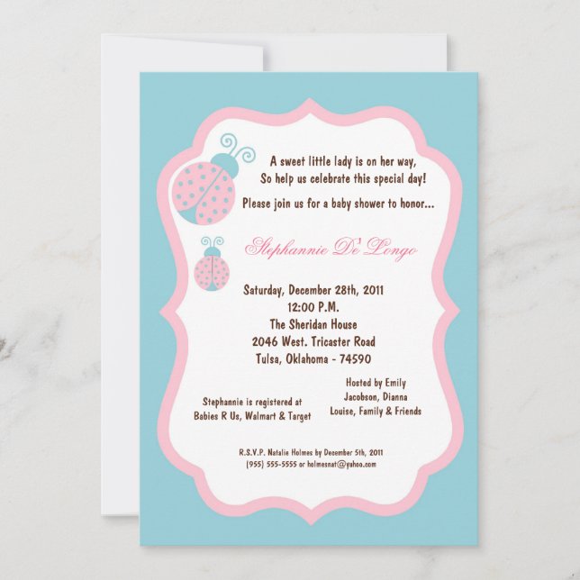 5x7 Light Blue Lady Bug Baby Shower Invitation (Front)