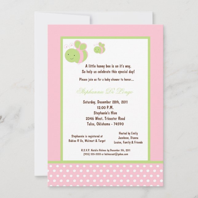 5x7 Light Pink Honey Bee Baby Shower Invitation (Front)