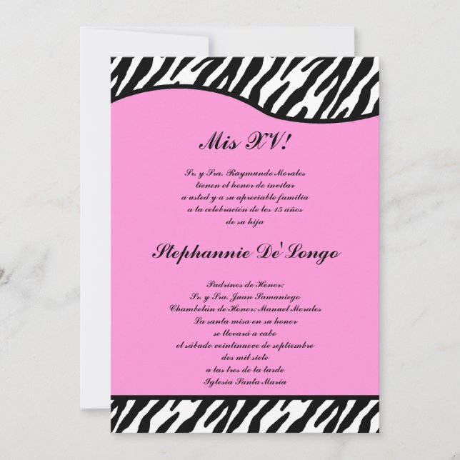 5x7 Light Pink Zebra Quinceanera Party Invite (Front)