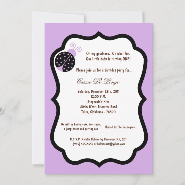5x7 Light Purple Lady Bug Birthday Party Invite (Front)
