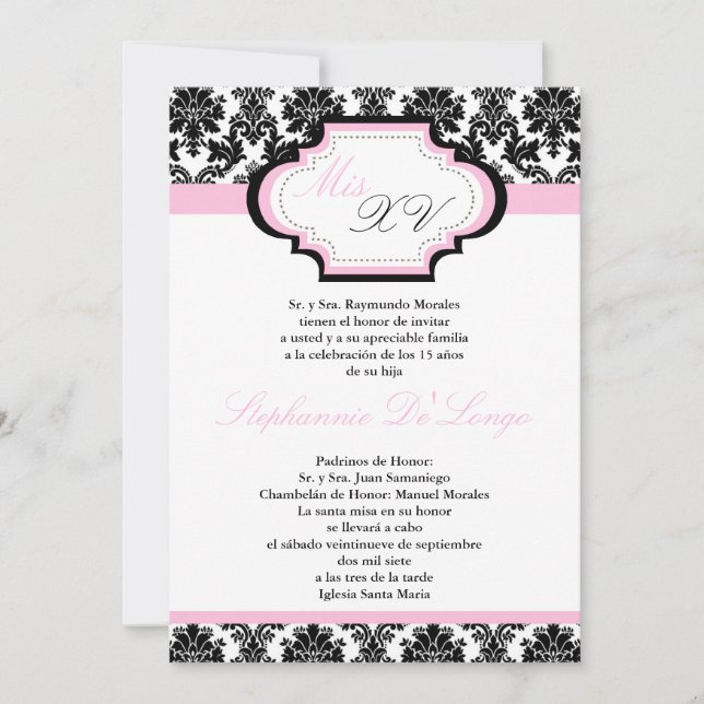 5x7 Light Rose Damask Quinceanera Invitation (Devant)