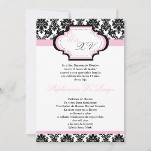 5x7 Light Rose Damask Quinceanera Invitation