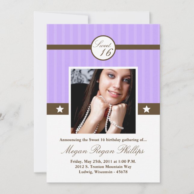 5x7 Lila Purple PHOTO Sweet 16 Birthday Invitation (Front)