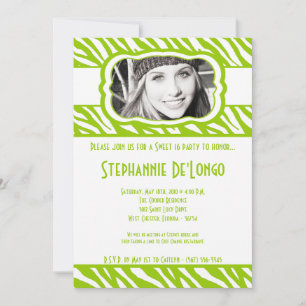 5x7 Lime Zebra PHOTO Sweet 16 Birthday Invitation